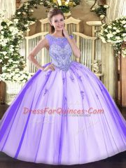 Cute Lavender Scoop Zipper Beading and Appliques 15th Birthday Dress Sleeveless