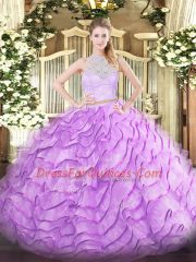 Luxury Lilac Tulle Zipper Scoop Sleeveless Sweet 16 Quinceanera Dress Brush Train Lace and Ruffles