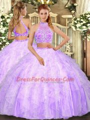 Lilac Sleeveless Floor Length Beading and Ruffles Criss Cross 15th Birthday Dress