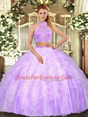 Lilac Sleeveless Floor Length Beading and Ruffles Criss Cross 15th Birthday Dress
