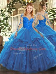 Custom Fit Tulle Scoop Long Sleeves Lace Up Lace and Ruffles Quince Ball Gowns in Blue