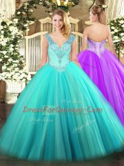Best Selling Floor Length Lace Up Sweet 16 Dresses Aqua Blue for Military Ball and Sweet 16 and Quinceanera with Beading