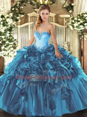 Teal Sleeveless Organza Lace Up Ball Gown Prom Dress for Military Ball and Sweet 16 and Quinceanera