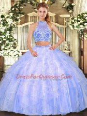 Eye-catching Lavender Sleeveless Floor Length Ruffles Criss Cross Quinceanera Gown