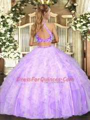 Eye-catching Lavender Sleeveless Floor Length Ruffles Criss Cross Quinceanera Gown
