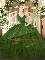 Delicate Beading and Embroidery and Ruffled Layers Sweet 16 Quinceanera Dress Dark Green Zipper Sleeveless Floor Length