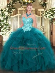 Ball Gowns Quinceanera Dresses Teal Sweetheart Organza Sleeveless Floor Length Lace Up