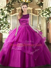 Scoop Sleeveless Tulle 15 Quinceanera Dress Ruffles and Ruffled Layers Lace Up