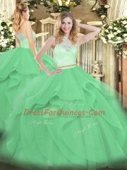 Modern Apple Green Sleeveless Lace and Ruffles Floor Length Quinceanera Dresses