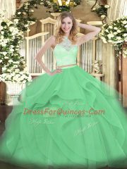 Modern Apple Green Sleeveless Lace and Ruffles Floor Length Quinceanera Dresses