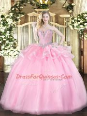 Fantastic Ball Gowns Sweet 16 Dresses Pink Sweetheart Organza Sleeveless Floor Length Lace Up