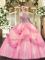 Extravagant Halter Top Sleeveless Tulle Sweet 16 Quinceanera Dress Beading and Appliques Lace Up