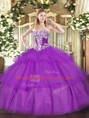 Strapless Sleeveless 15 Quinceanera Dress Floor Length Beading and Ruffled Layers Purple Tulle