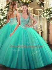 Tulle Sleeveless Floor Length Quinceanera Gowns and Beading