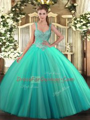 Tulle Sleeveless Floor Length Quinceanera Gowns and Beading