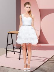 Mini Length White Prom Dresses Organza Sleeveless Beading and Ruffled Layers