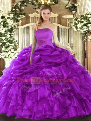 Admirable Purple Sleeveless Floor Length Ruffles and Pick Ups Lace Up 15 Quinceanera Dress