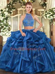 Sexy Sleeveless Organza Floor Length Criss Cross Vestidos de Quinceanera in Blue with Beading and Ruffled Layers