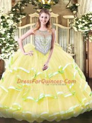 Exquisite Beading and Ruffled Layers 15th Birthday Dress Yellow Green and Light Yellow Zipper Sleeveless Floor Length