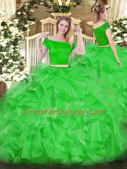 Discount Green Organza Zipper Quinceanera Gown Short Sleeves Floor Length Appliques and Ruffles