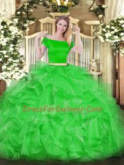 Discount Green Organza Zipper Quinceanera Gown Short Sleeves Floor Length Appliques and Ruffles