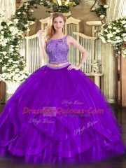 Purple Scoop Neckline Beading and Ruffles 15th Birthday Dress Sleeveless Lace Up