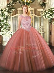 Custom Design Floor Length Red Sweet 16 Quinceanera Dress Tulle Sleeveless Beading