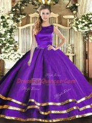 Floor Length Purple Quince Ball Gowns Tulle Sleeveless Ruffled Layers