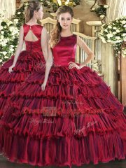 Great Wine Red Organza Lace Up Scoop Sleeveless Floor Length Quinceanera Gown Ruffled Layers