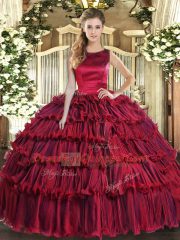 Great Wine Red Organza Lace Up Scoop Sleeveless Floor Length Quinceanera Gown Ruffled Layers