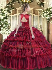 Great Wine Red Organza Lace Up Scoop Sleeveless Floor Length Quinceanera Gown Ruffled Layers