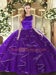 Floor Length Purple Sweet 16 Dresses Tulle Sleeveless Ruffles