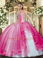 Super Hot Pink Ball Gowns Beading and Ruffles Sweet 16 Quinceanera Dress Lace Up Tulle Sleeveless Floor Length
