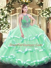 Apple Green Lace Up Quinceanera Gown Beading and Ruffled Layers Sleeveless Floor Length