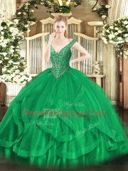 V-neck Sleeveless Lace Up Quince Ball Gowns Green Tulle