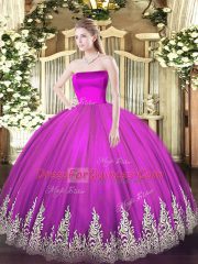 Vintage Floor Length Zipper Ball Gown Prom Dress Fuchsia for Military Ball and Sweet 16 and Quinceanera with Appliques