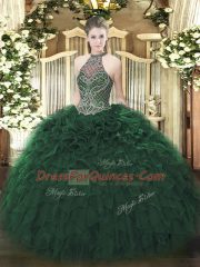 Edgy Dark Green Halter Top Neckline Beading and Ruffles 15th Birthday Dress Sleeveless Lace Up