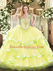 Comfortable Sleeveless Lace Up Floor Length Beading and Ruffled Layers Ball Gown Prom Dress