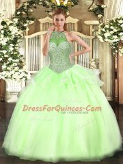 Fabulous Tulle Halter Top Sleeveless Lace Up Beading Quinceanera Gown in Yellow Green