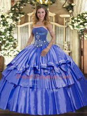 Perfect Blue Ball Gowns Beading and Ruffled Layers 15th Birthday Dress Lace Up Organza and Taffeta Sleeveless Floor Length