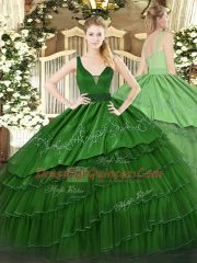 Floor Length Dark Green Sweet 16 Dress Organza and Taffeta Sleeveless Beading and Embroidery and Ruffled Layers