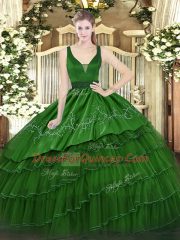 Floor Length Dark Green Sweet 16 Dress Organza and Taffeta Sleeveless Beading and Embroidery and Ruffled Layers