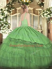 Floor Length Dark Green Sweet 16 Dress Organza and Taffeta Sleeveless Beading and Embroidery and Ruffled Layers