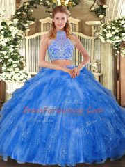Glorious Teal Halter Top Neckline Beading and Ruffles 15th Birthday Dress Sleeveless Criss Cross