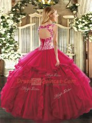 Elegant Scoop Sleeveless Organza Ball Gown Prom Dress Beading and Ruffles Lace Up