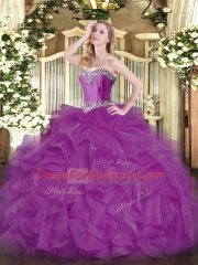 Smart Beading and Ruffles 15 Quinceanera Dress Fuchsia Lace Up Sleeveless Floor Length