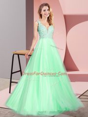 Fantastic Apple Green Tulle Zipper V-neck Sleeveless Floor Length Prom Dresses Lace