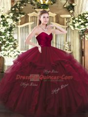 Fashion Wine Red Sleeveless Tulle Lace Up Quinceanera Gowns for Military Ball and Sweet 16 and Quinceanera