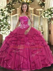 High Quality Ball Gowns Quince Ball Gowns Hot Pink Strapless Tulle Sleeveless Floor Length Zipper