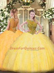 Sumptuous Tulle Scoop Sleeveless Zipper Beading and Ruffles 15th Birthday Dress in Gold